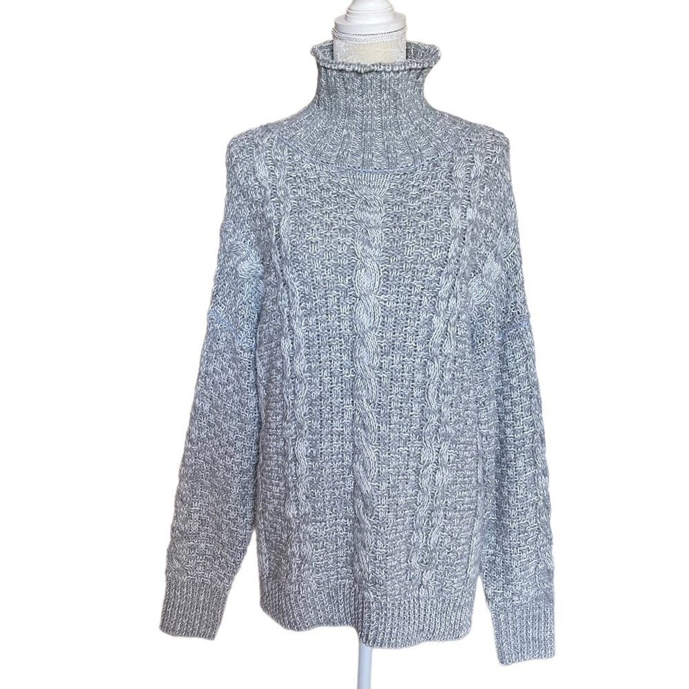 𝅺Racheal Wool Blend Turtle Neck Chunky Cable Knit Gray Sweater Women’s S
